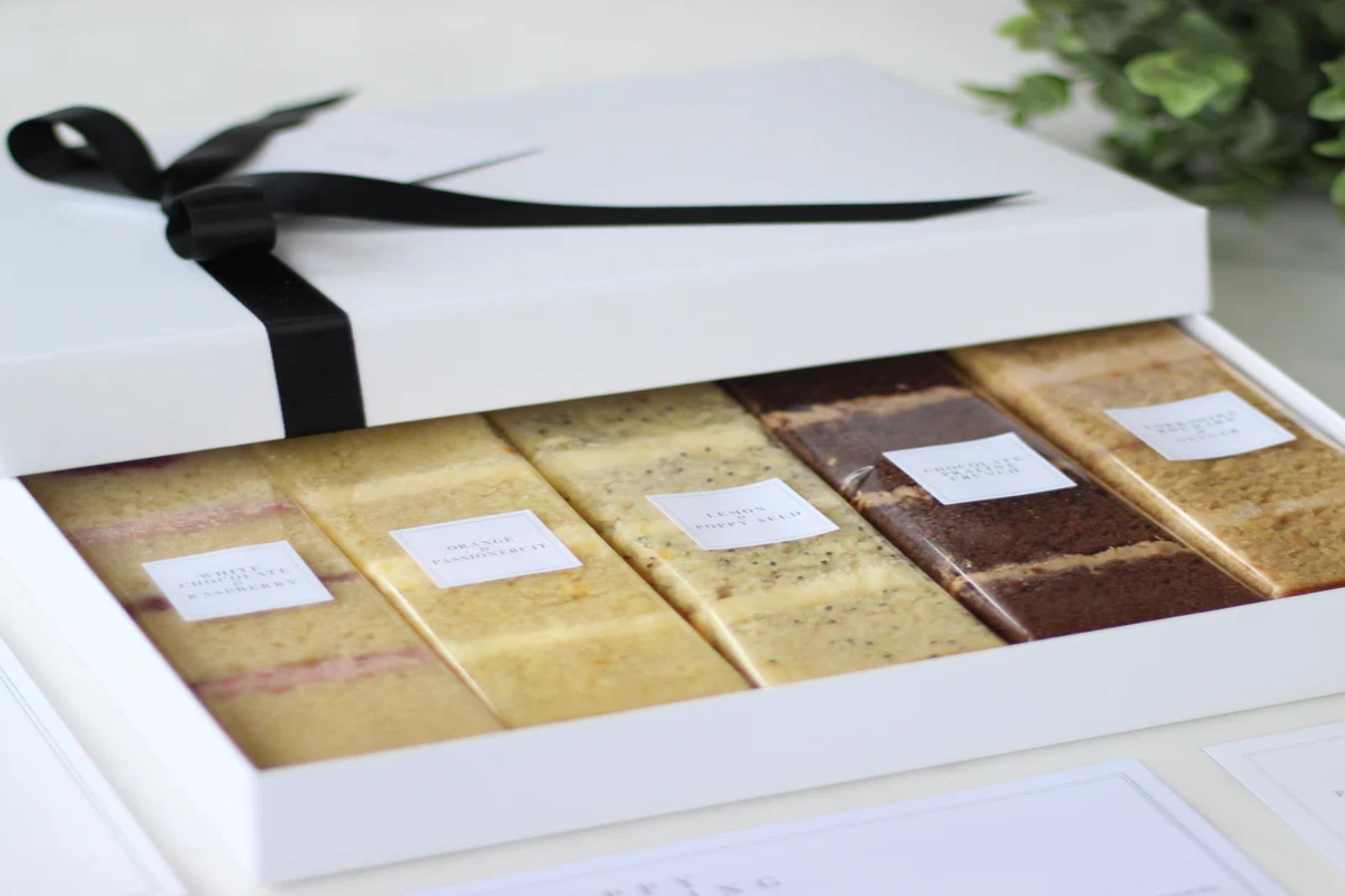 wedding cake samples in a beautiful selection box by Poppy Pickering Cakes