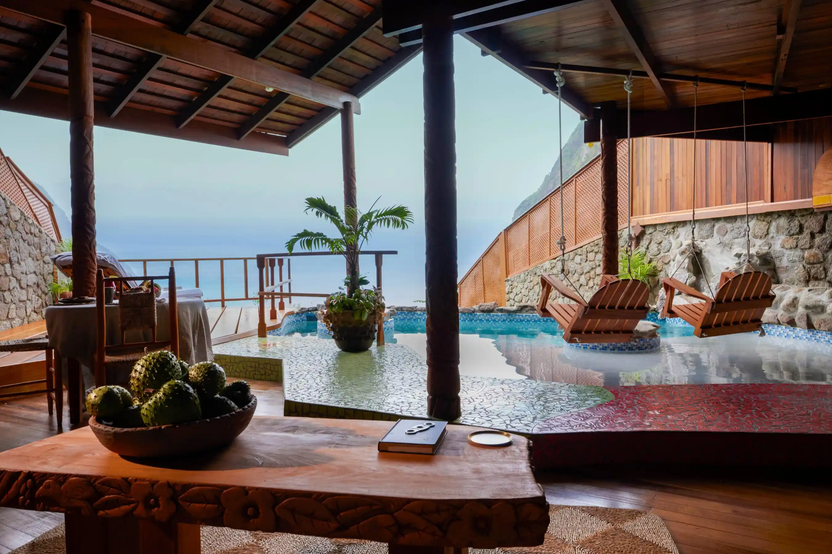 Open-air suite at Ladera in Saint Lucia with views across the Caribbean and Pitons